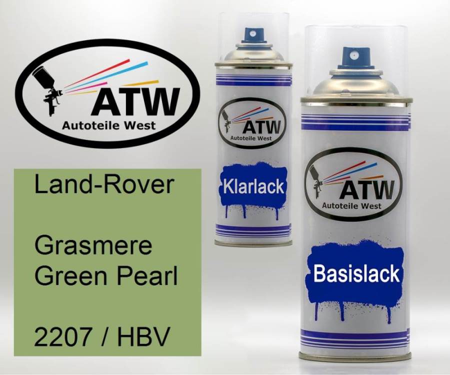 Land-Rover, Grasmere Green Pearl, 2207 / HBV: 400ml Sprühdose + 400ml Klarlack - Set, von ATW Autoteile West.